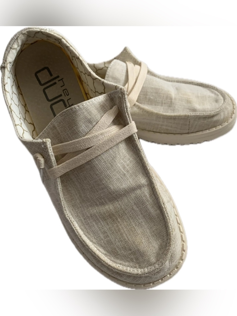 Hey Dude Wendy Sparkling Linen Canvas Cream Slip On Loafers Women's Size 10